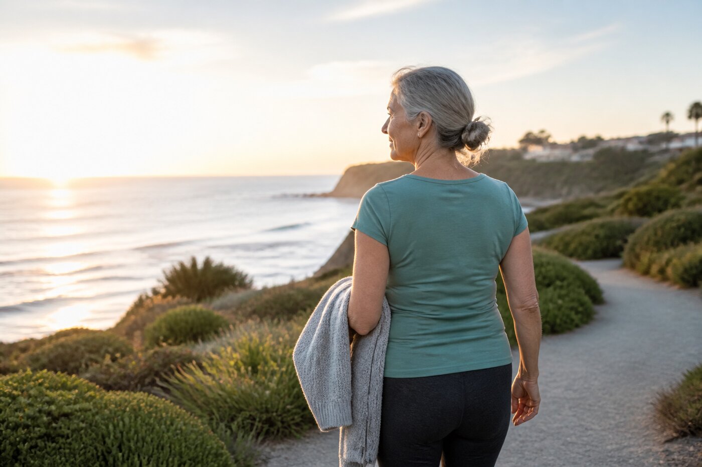 A woman taking a calm morning walk outdoors
